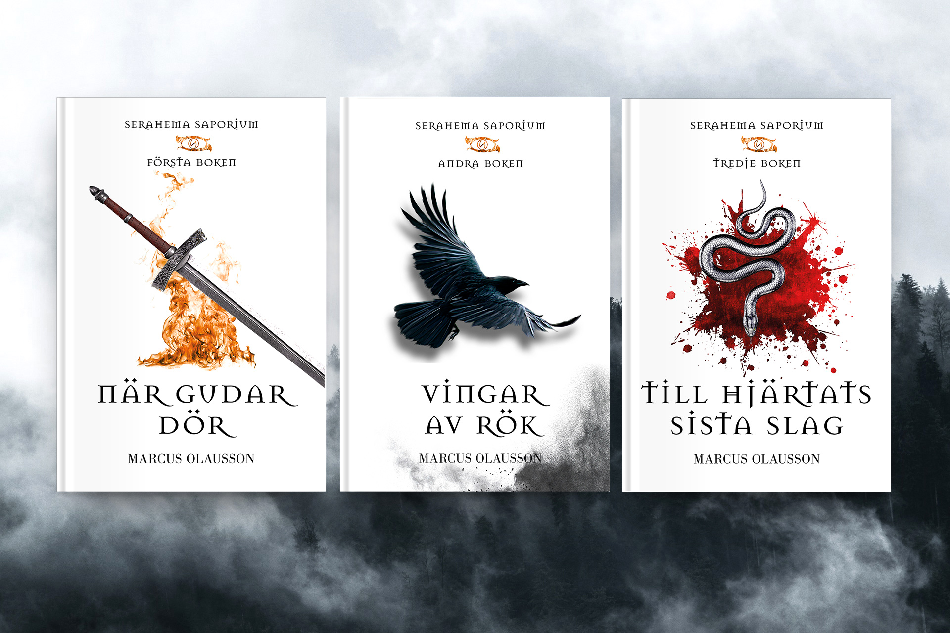 Omslag för de tre böcker som ingår i fantasytrilogin Serahema Saporium.